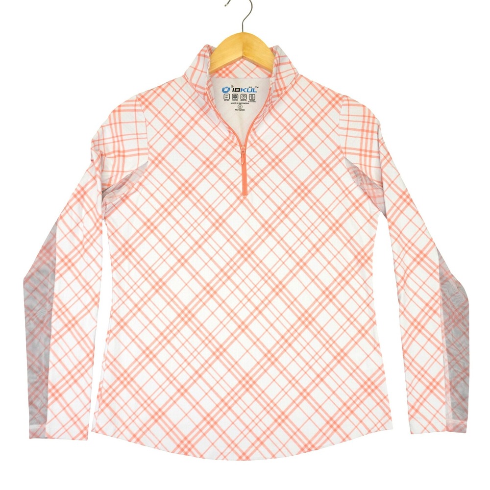 IBKUL Quarter Zip Women Small Pink Plaid Mesh UPF‎ 50+ Long Sleeve Performance